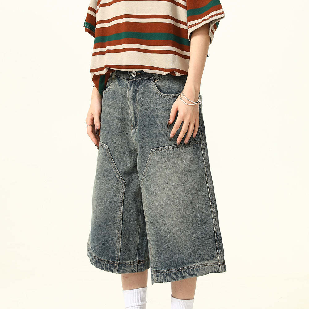 美式復古街頭水洗牛仔短褲女直筒褲闊腿潮牌百搭七分褲