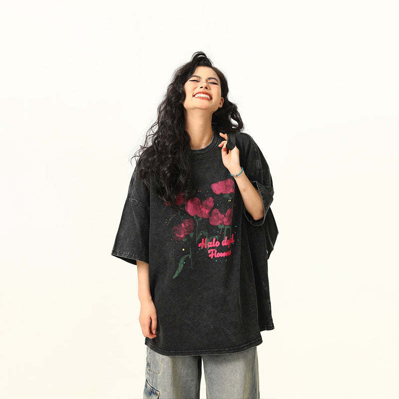 水洗做舊玫瑰印花短袖T恤女夏季寬鬆潮牌街頭上衣