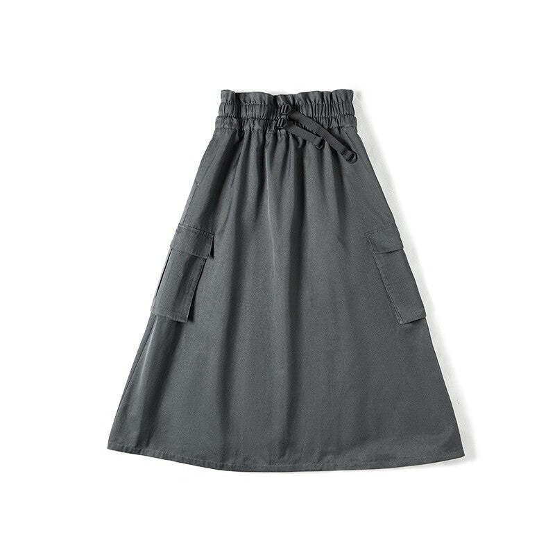 馬登女裝 復古半身長裙子高腰顯瘦A字裙百搭口袋工裝傘裙