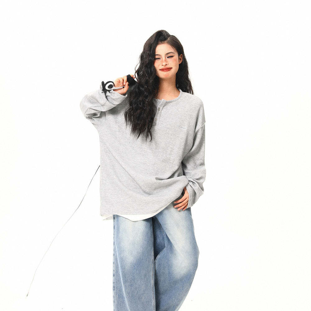 美式復古高級感假兩件長袖打底衫女秋季百搭潮流設計上衣