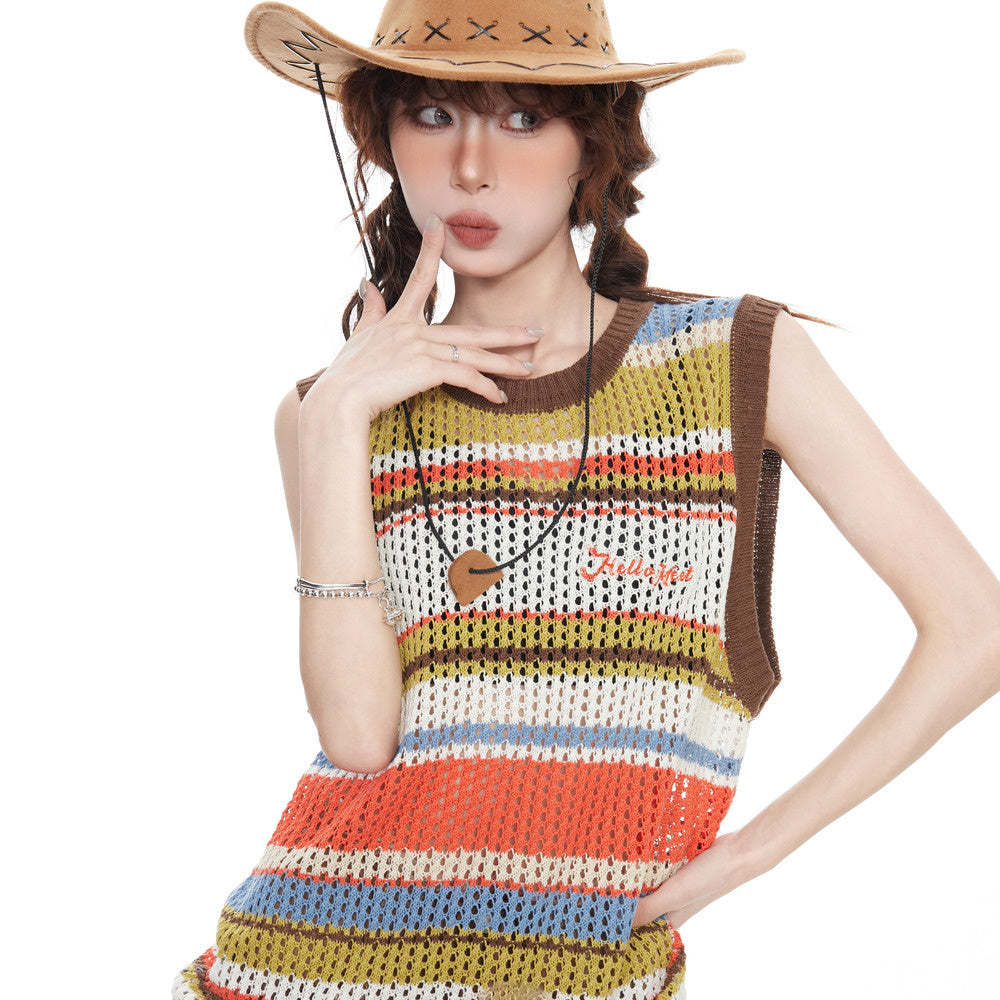 美式復古鏤空條紋針織吊帶背心女夏季多巴胺內搭辣妹無袖外穿上衣