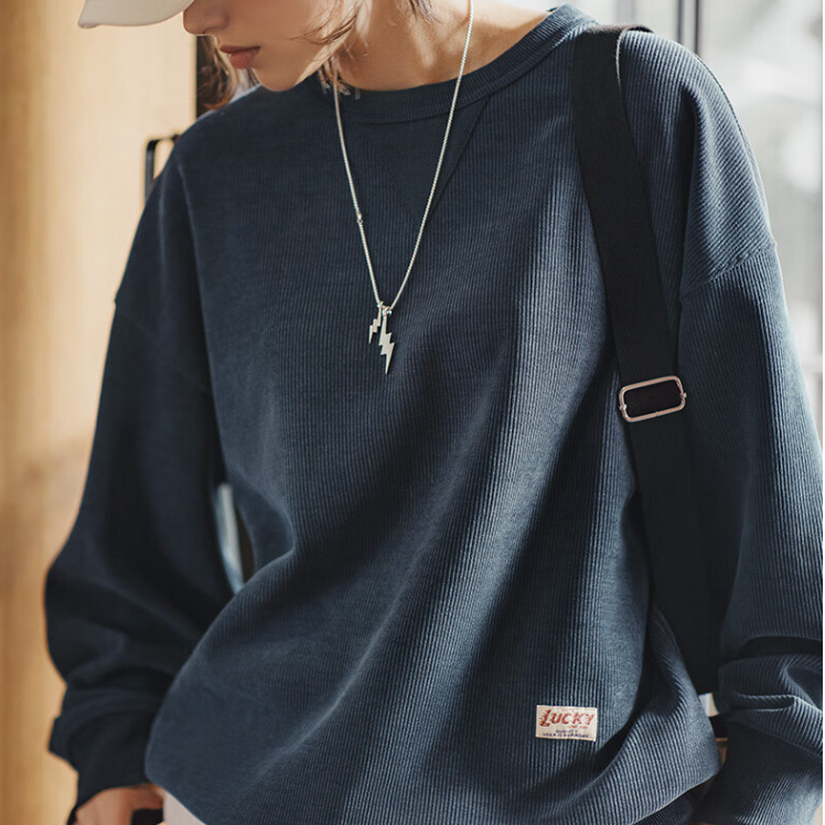 馬登女裝 美式復古雪尼爾衛衣女秋套頭長袖打底衫微落肩圓領上衣