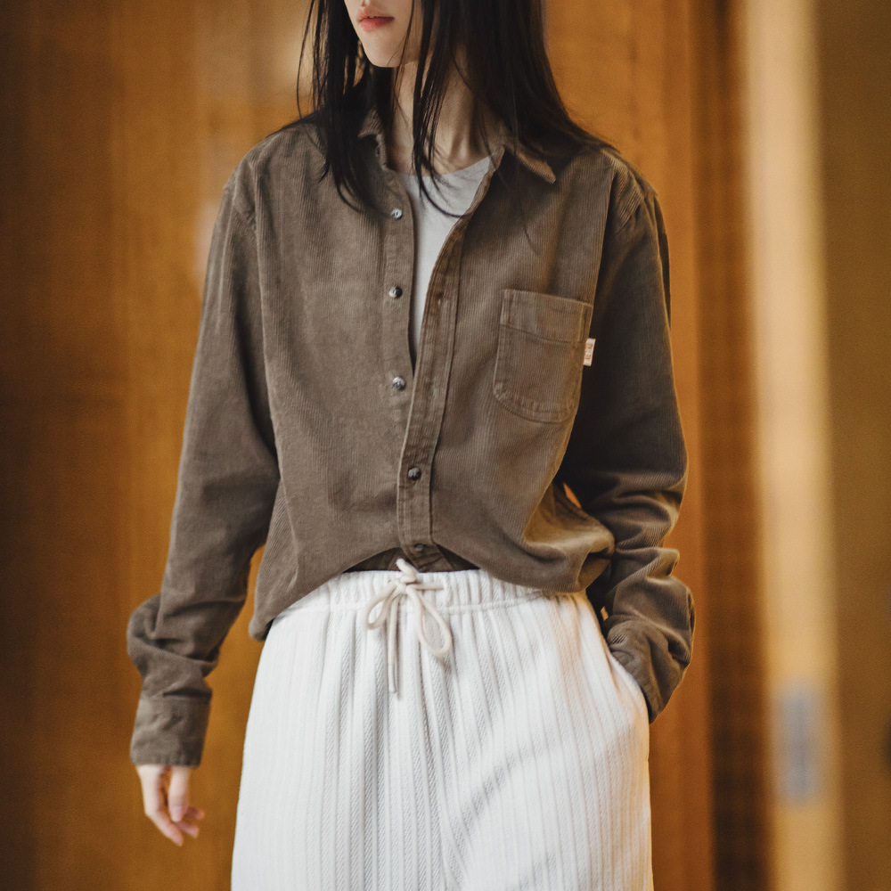 馬登女裝 休閒燈芯絨襯衫寬鬆內搭休閒翻領長袖襯衣女秋冬款上衣