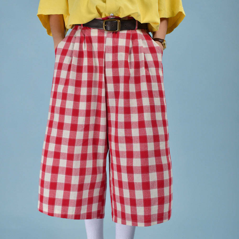 日系復古格子寬鬆休閒男女夏季鬆緊褲百搭闊腿情侶七分褲