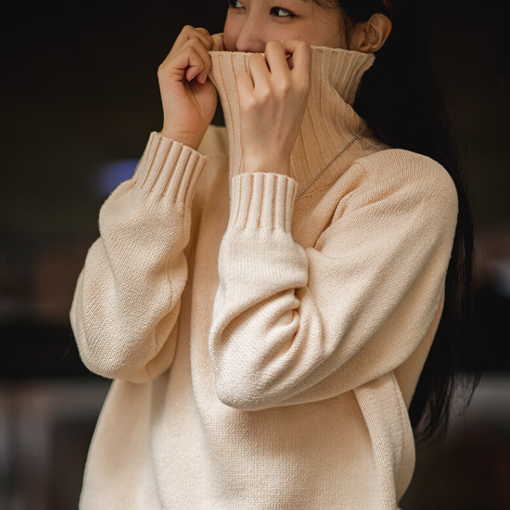 馬登女裝 麥穗針織毛衣純色慵懶風秋冬保暖針織衫堆堆高領寬鬆上衣