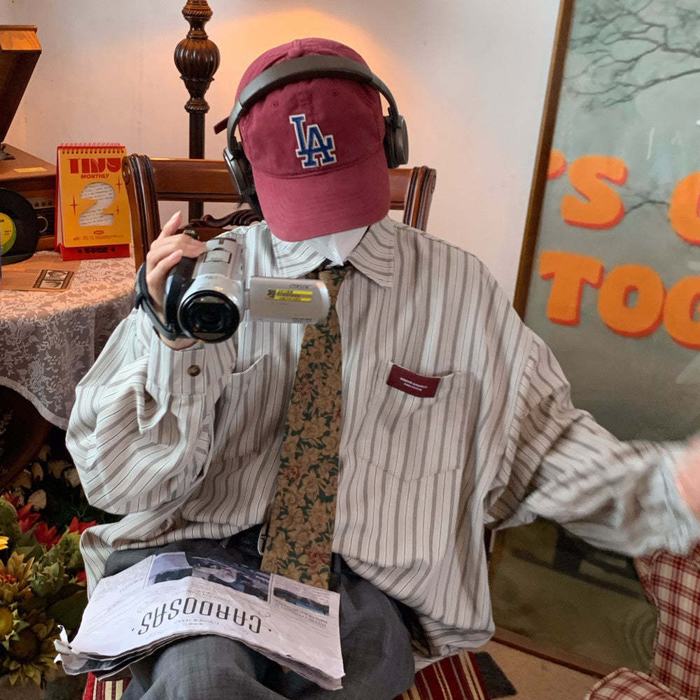 日系復古豎條紋襯衫秋裝新款寬鬆慵懶襯衣防曬長袖