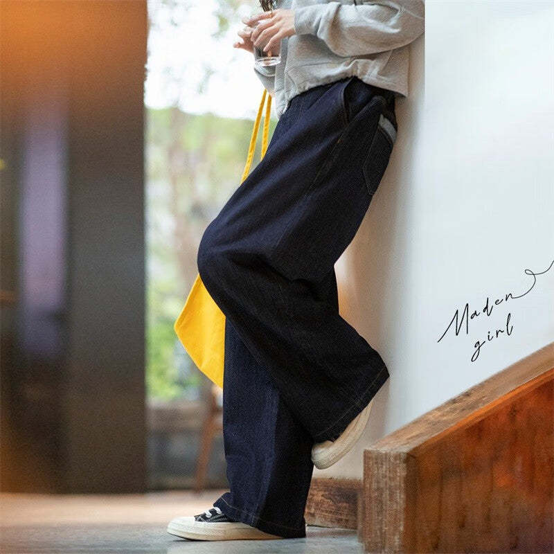 馬登女裝 美式復古水洗藍牛仔闊腿褲直筒休閒褲高腰顯瘦牛仔褲