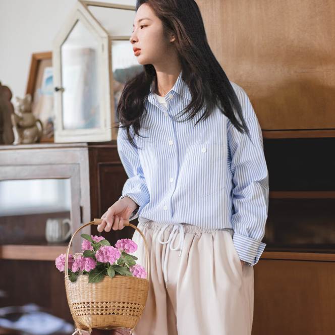 馬登女裝 法式經典藍白條紋襯衫寬鬆休閒襯衣開衫方領上衣外套夏