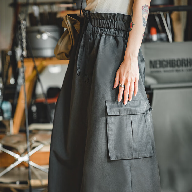 馬登女裝 復古半身長裙子高腰顯瘦A字裙百搭口袋工裝傘裙