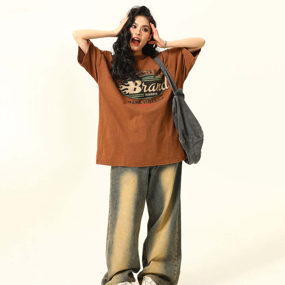 夏季新款美式水洗深棕色短袖T恤女寬鬆TEE