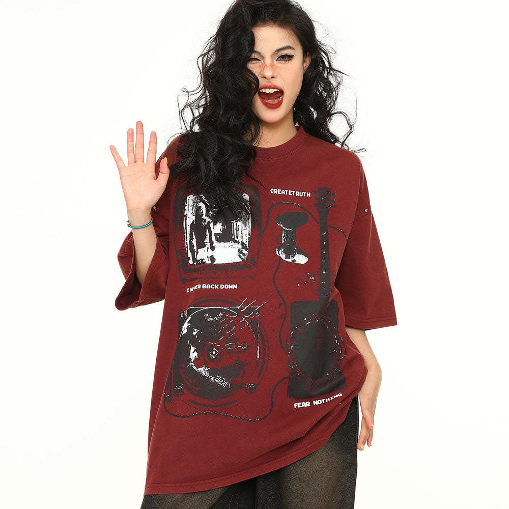 美式街頭酒紅色復古短袖T恤女寬鬆oversize上衣