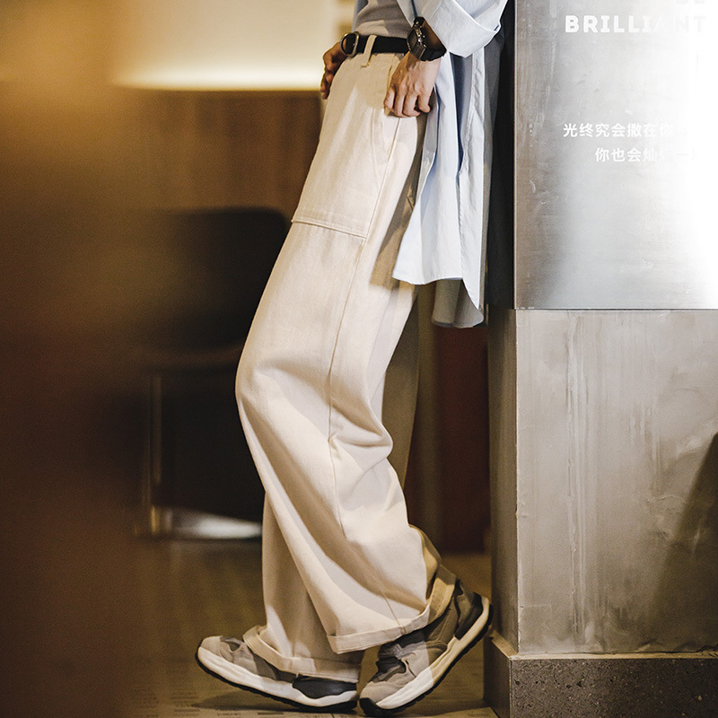 馬登女裝 白色牛仔闊腿褲寬鬆口袋工裝褲直筒休閒長褲子秋