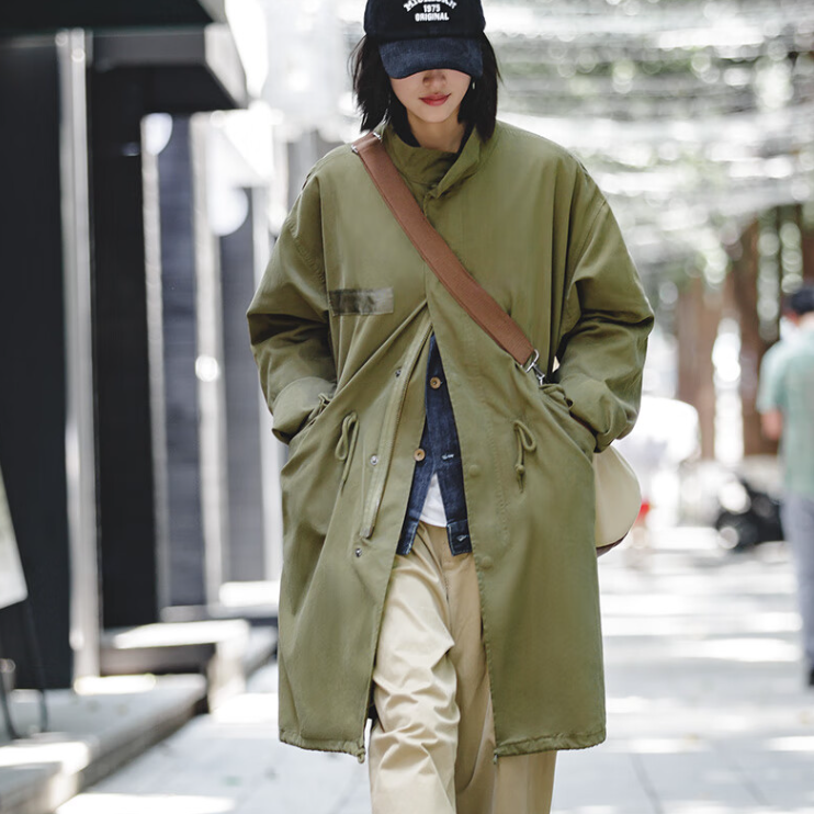 馬登女裝 軍綠色風衣寬鬆派克服魚尾外套秋季高級感長款大衣斗篷
