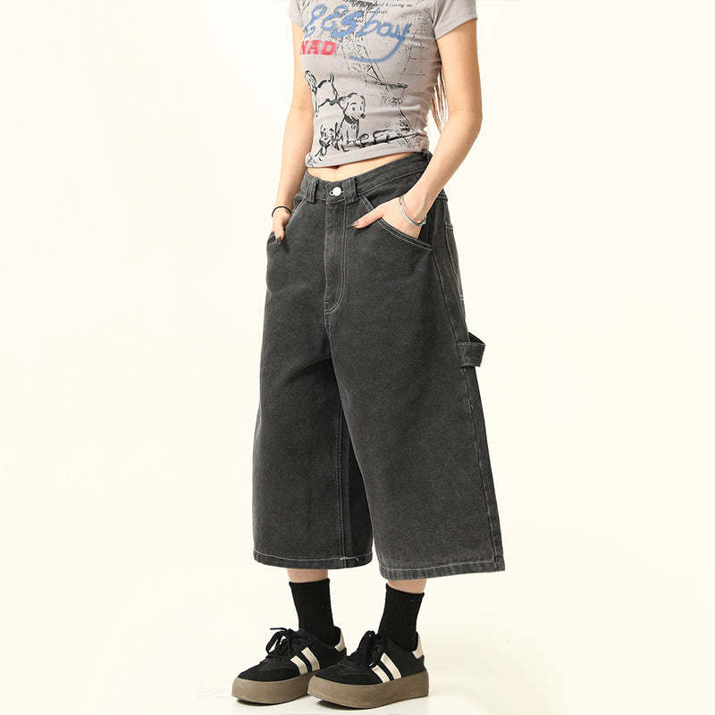 美式復古vintage水洗牛仔七分褲女夏季寬鬆休閒短褲