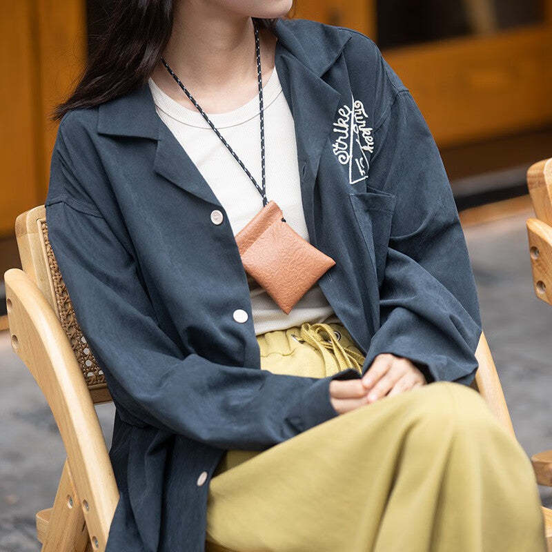 馬登女裝 美式復古磨毛刺繡襯衫桃皮絨寬鬆翻領保齡球襯衣女潮夏