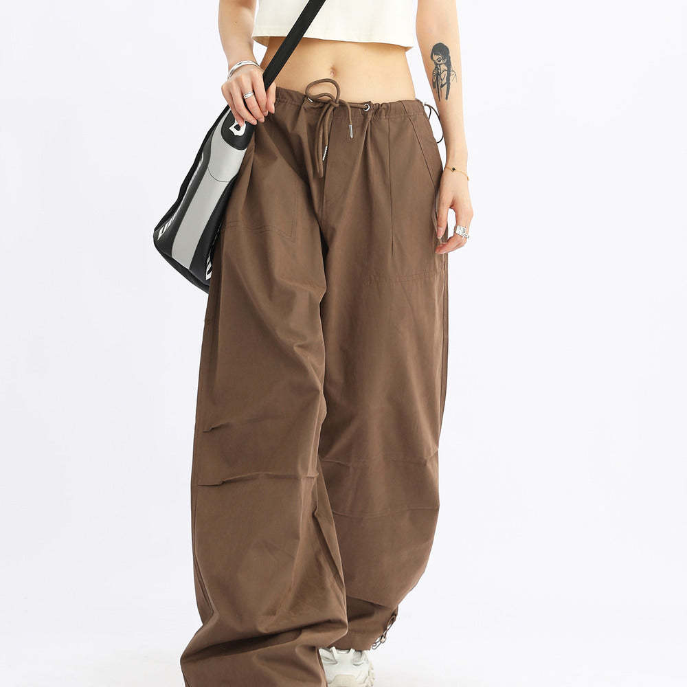 美式闊腿抽繩傘兵工裝褲女寬鬆低腰休閒百搭長褲