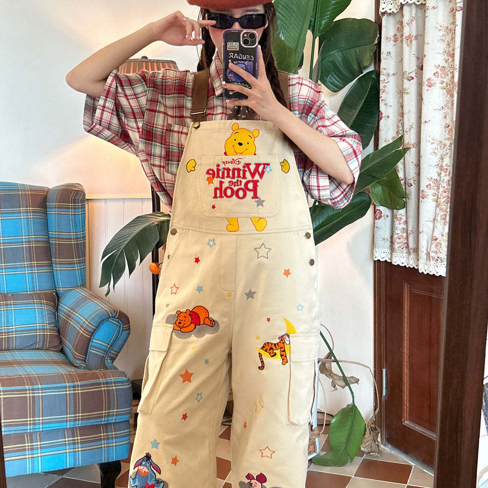 古著風卡通刺繡工裝背帶褲復古重工休閒七分褲女