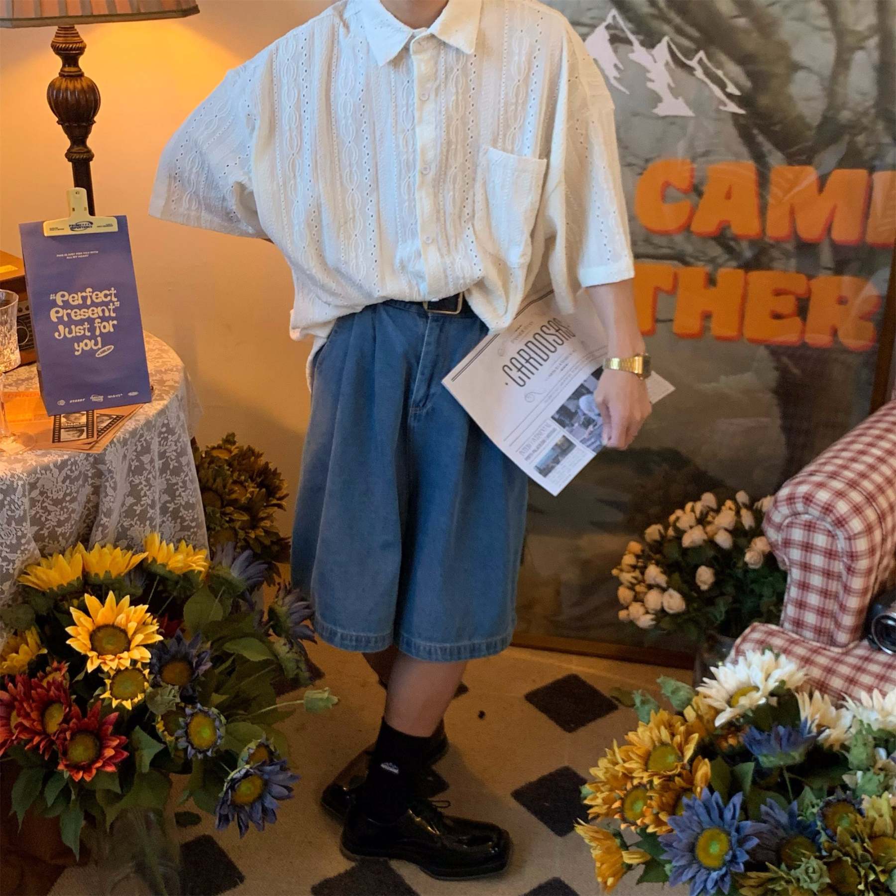 日系復古簡約慵懶鏤空短袖襯衫夏輕奢設計感小眾中性襯衣