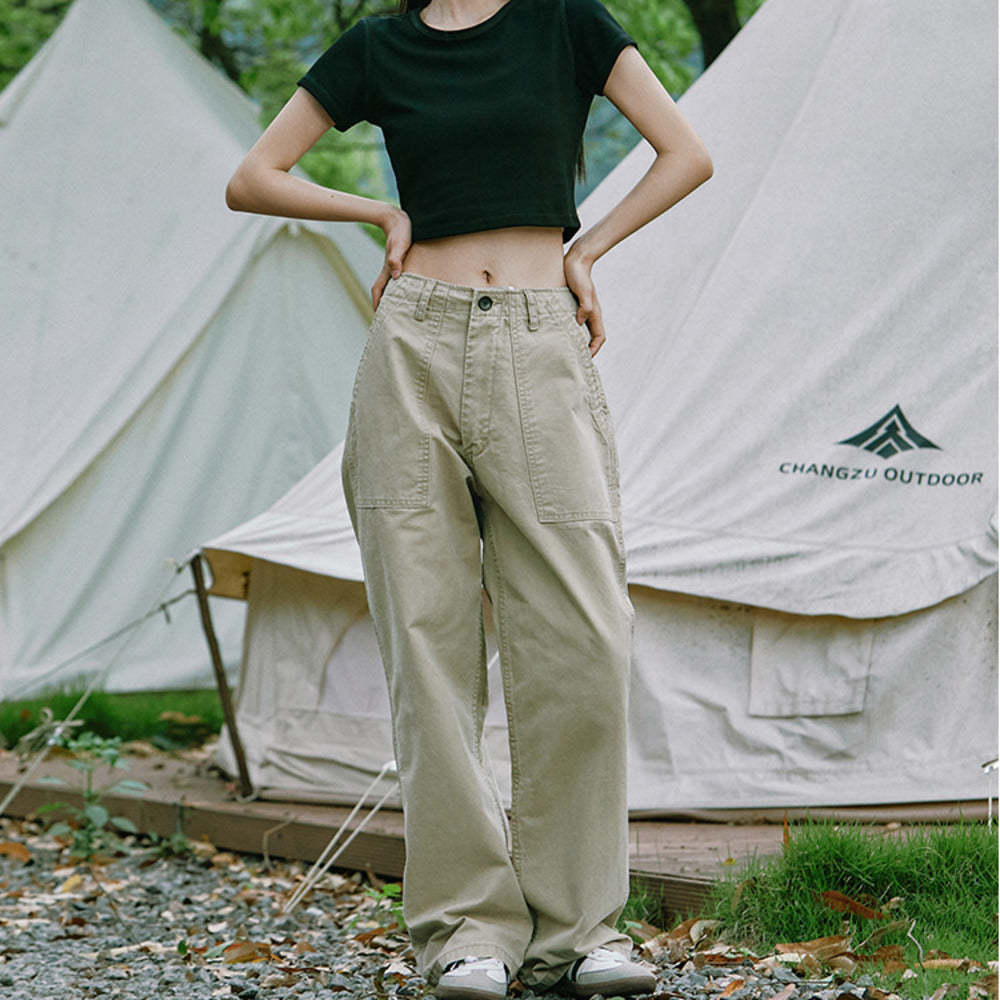 美式復古卡其色直筒工裝褲女百搭休閒褲寬鬆水洗闊腳褲