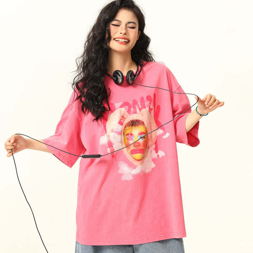 美式復古街頭小丑印花短袖T恤女寬鬆做舊水洗粉色T恤