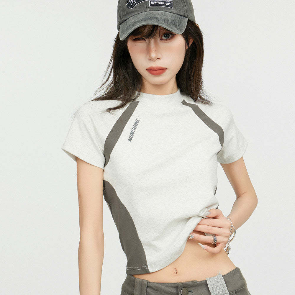 美式灰色正肩短袖t恤女夏季修身半袖設計感小眾辣妹運動短款上衣