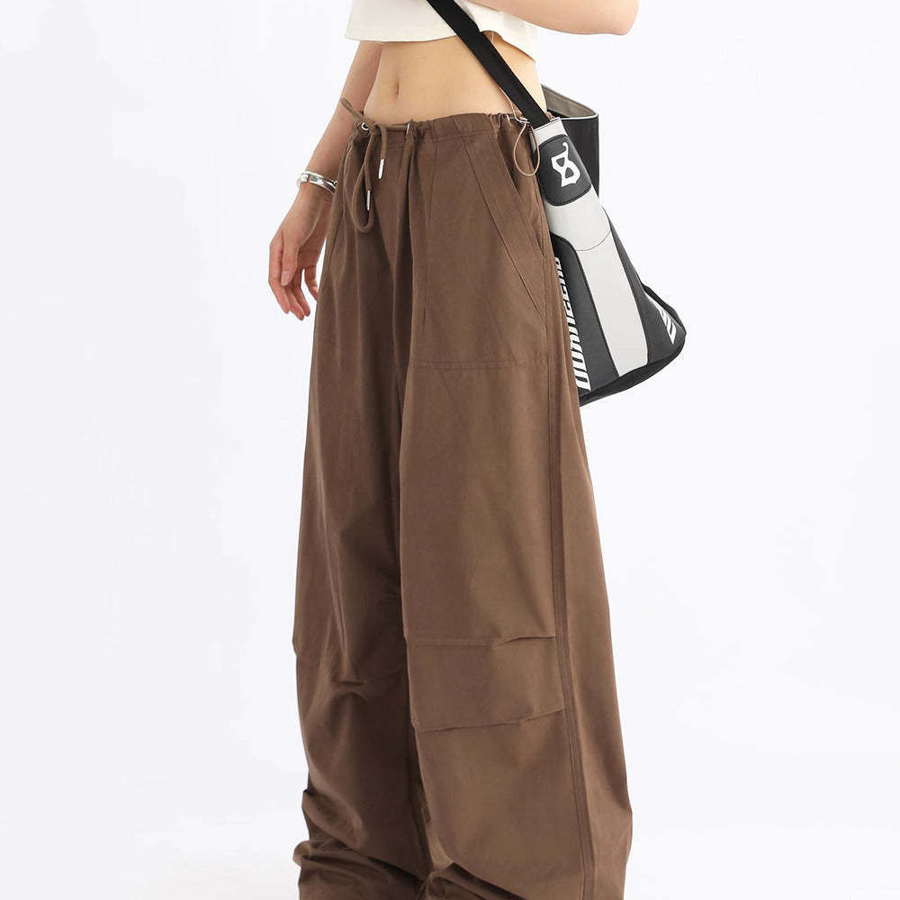 美式闊腿抽繩傘兵工裝褲女寬鬆低腰休閒百搭長褲
