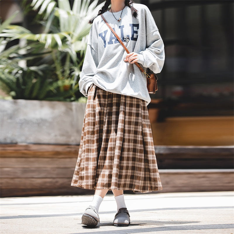 馬登女裝 美式格子半身裙寬鬆休閒顯瘦顯高復古格紋中長裙