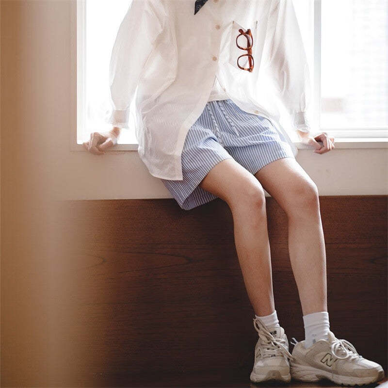 馬登女裝 藍白條紋休閒短褲A字版純棉寬鬆顯瘦高腰運動闊腿褲