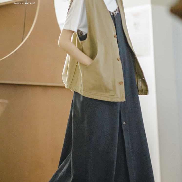 馬登女裝 復古格紋拼接背帶裙顯瘦A字寬鬆吊帶連衣長裙無袖