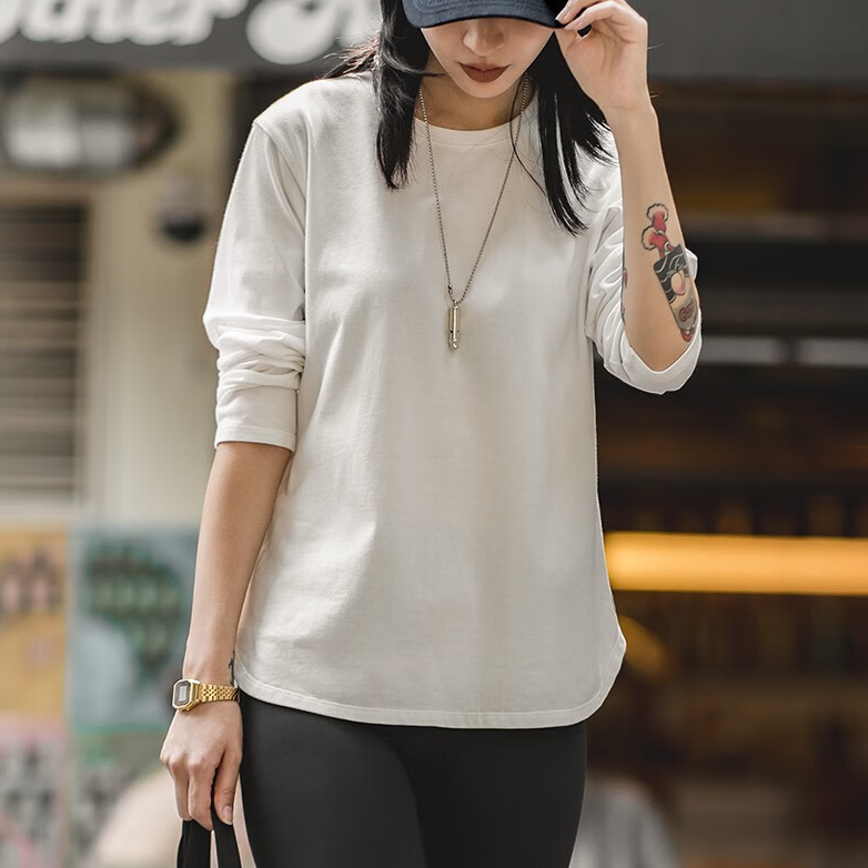 馬登女裝 雙紗純棉T恤女微落肩圓領衛衣春秋學生基礎款打底衫