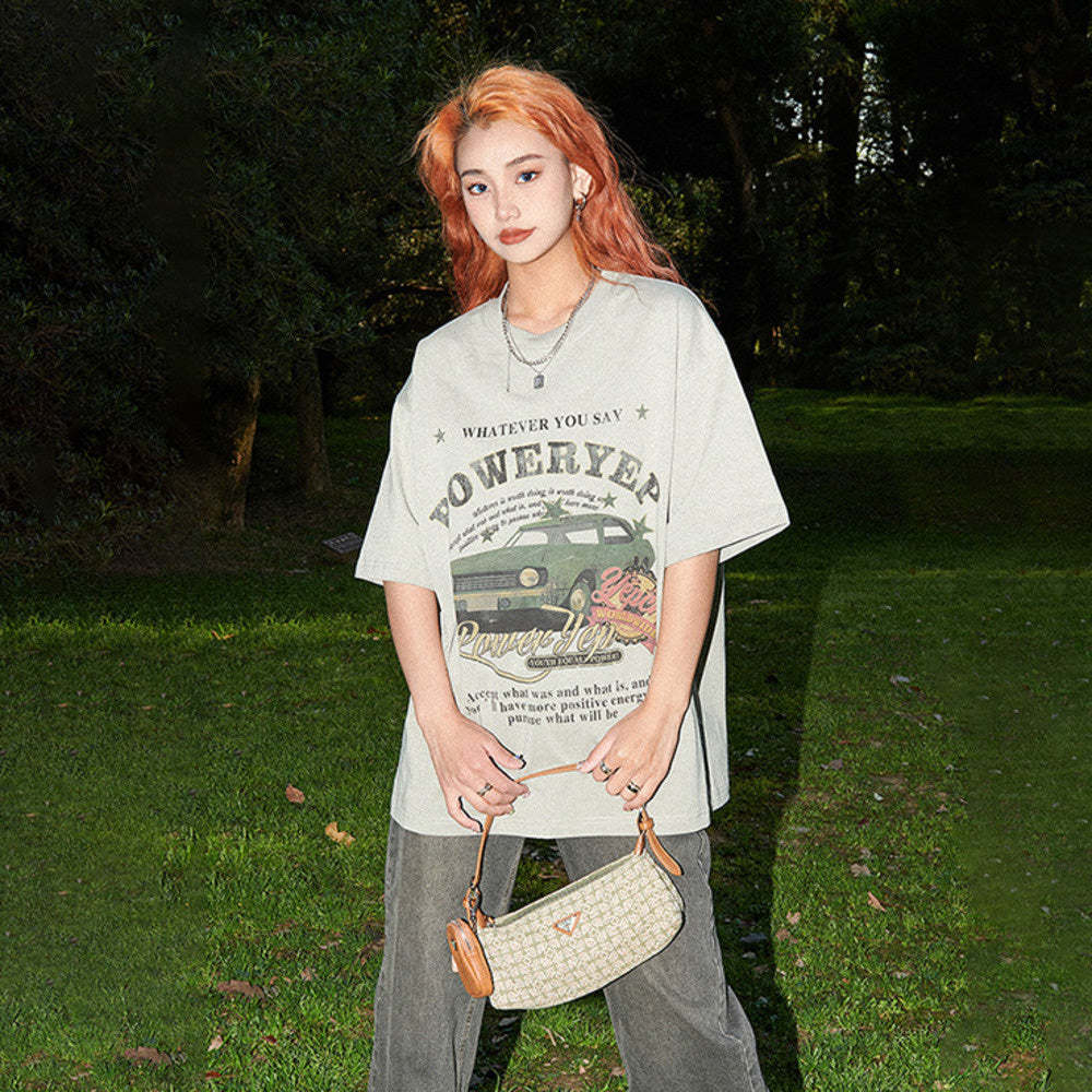 美式復古牛油果綠純棉短袖T恤女小眾半袖上衣夏裝寬鬆oversize