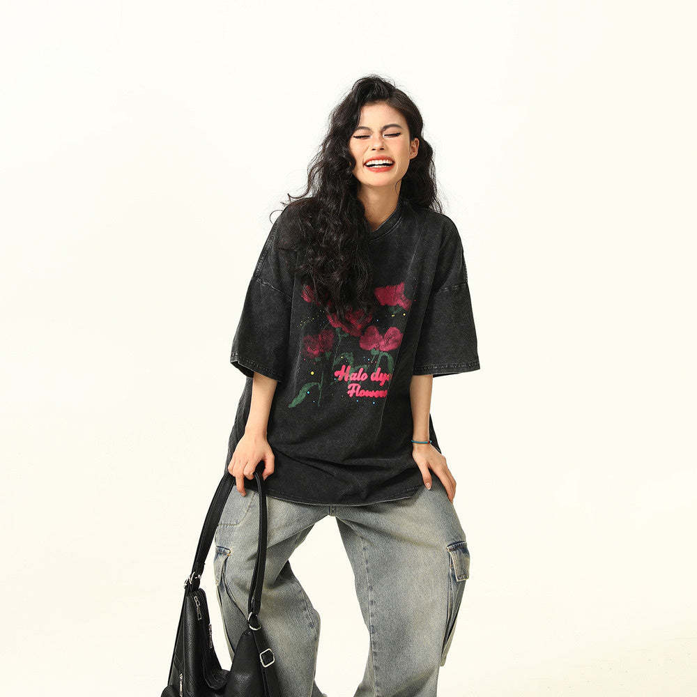 水洗做舊玫瑰印花短袖T恤女夏季寬鬆潮牌街頭上衣