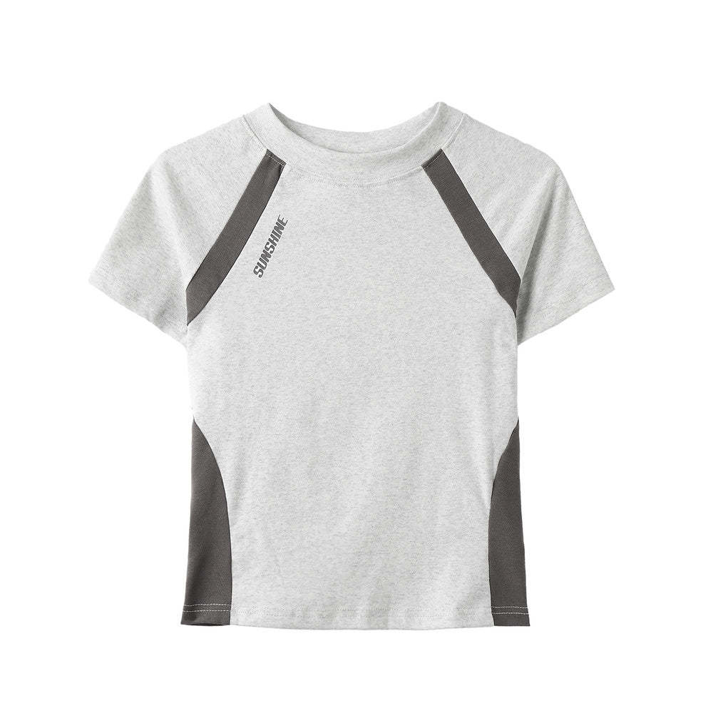 美式灰色正肩短袖t恤女夏季修身半袖設計感小眾辣妹運動短款上衣