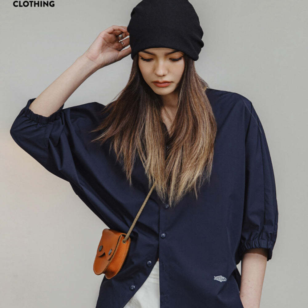 馬登女裝 美式襯衫七分袖寬鬆上衣蝙蝠袖休閒透氣立領外套可疊穿夏季女