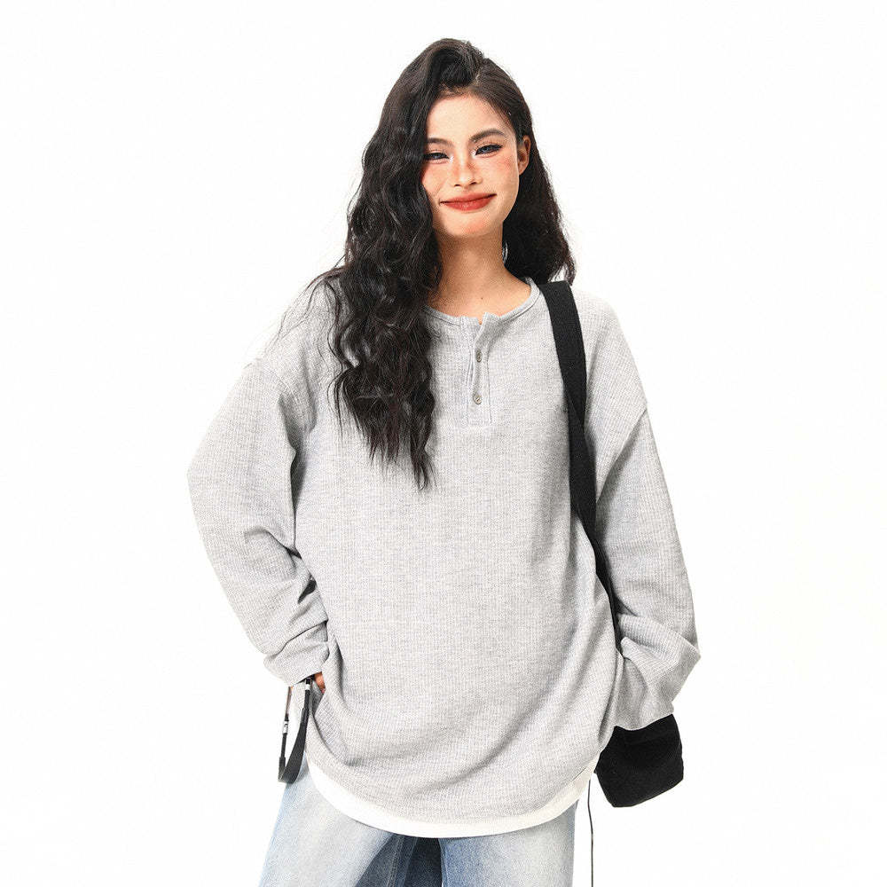 美式復古高級感假兩件長袖打底衫女秋季百搭潮流設計上衣