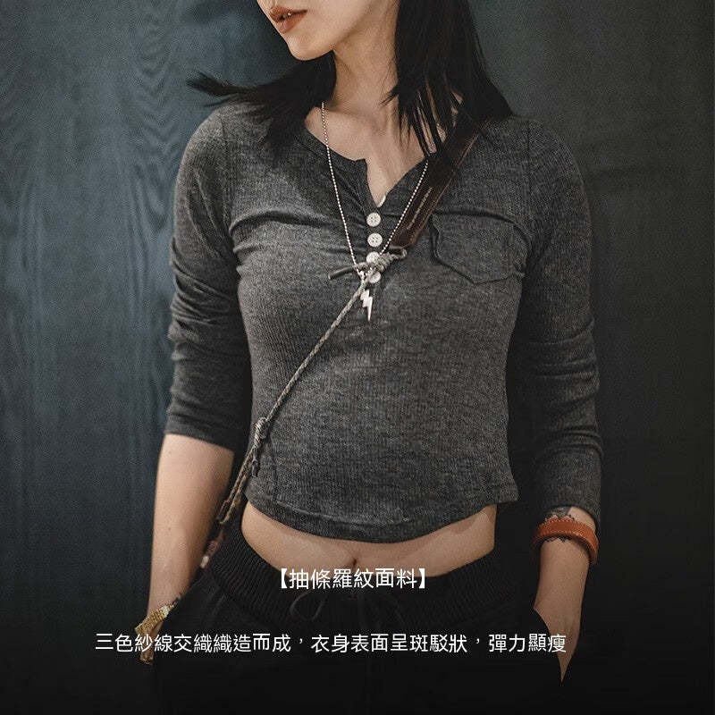 馬登女裝 美式復古bm針織長袖T恤圓弧下擺修身顯瘦短款打底亨利衫