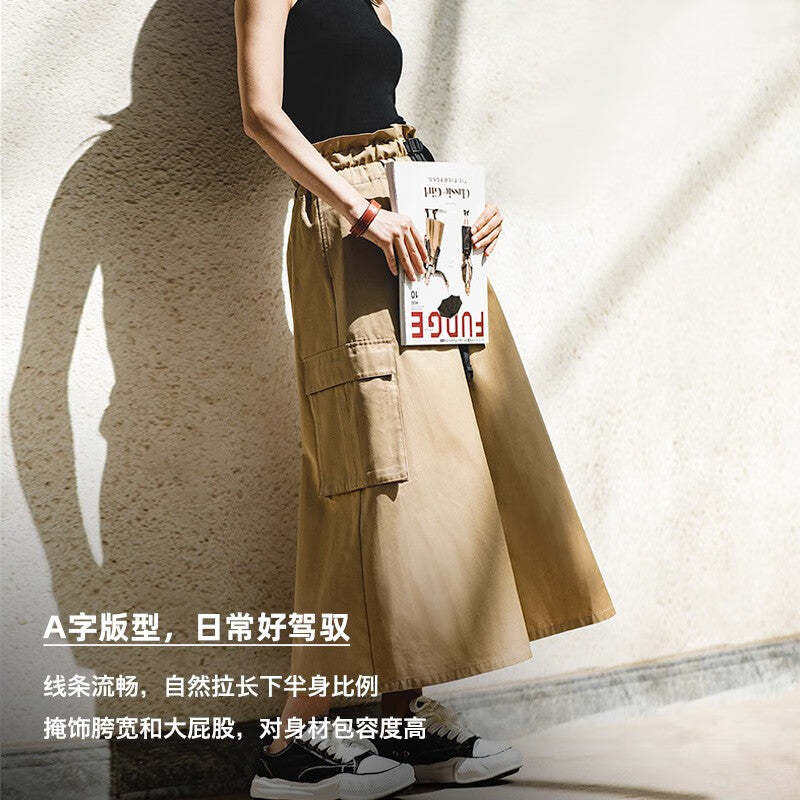 馬登女裝 復古半身長裙子高腰顯瘦A字裙百搭口袋工裝傘裙