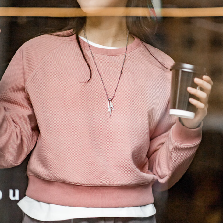 馬登女裝 設計感高腰圓領衛衣小個子內搭打底衫提花長袖T恤上衣