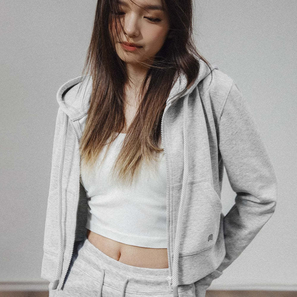 馬登女裝 美式高腰短衛衣修身灰色連帽拉鍊衛衣開衫運動外套