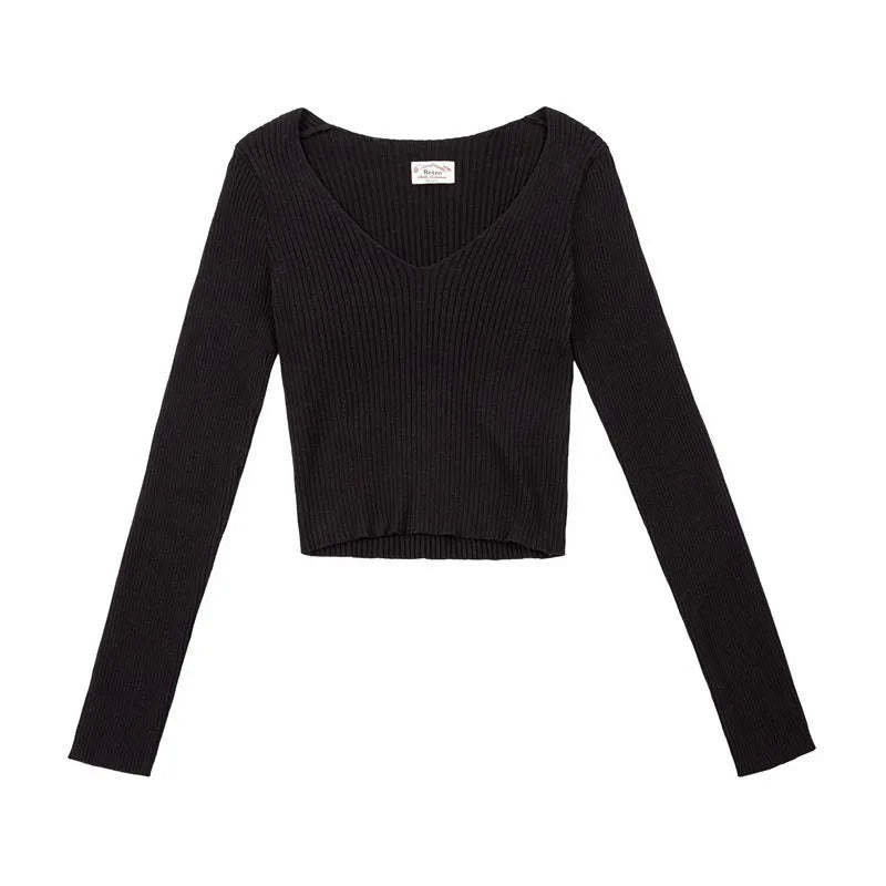 馬登女裝 美式復古針織衫純棉內搭V領打底衫秋冬短款純色修身女上衣
