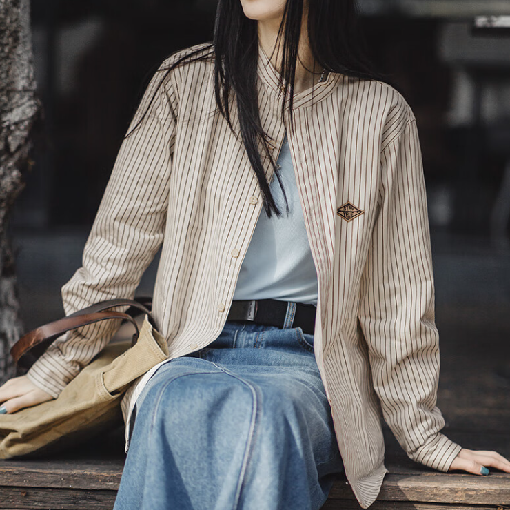 馬登女裝 法式豎條紋襯衫秋內搭純棉長袖襯衣設計感休閒上衣外套