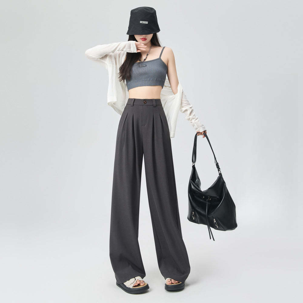 春季新款西褲小個子高腰垂感寬鬆直筒大碼雅痞休閒闊腿褲