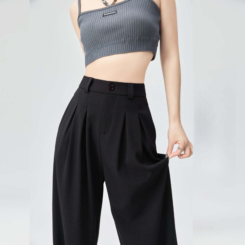 春季新款西褲小個子高腰垂感寬鬆直筒大碼雅痞休閒闊腿褲