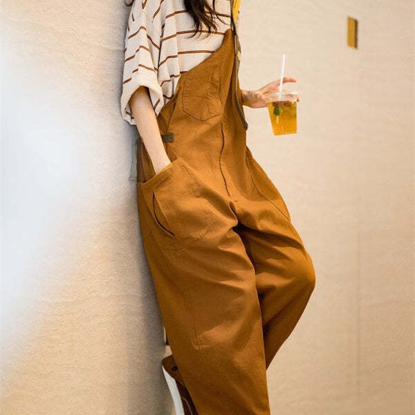 馬登女裝 美式復古减齡寬鬆背帶褲大口袋直筒寬鬆吊帶連體工裝長褲