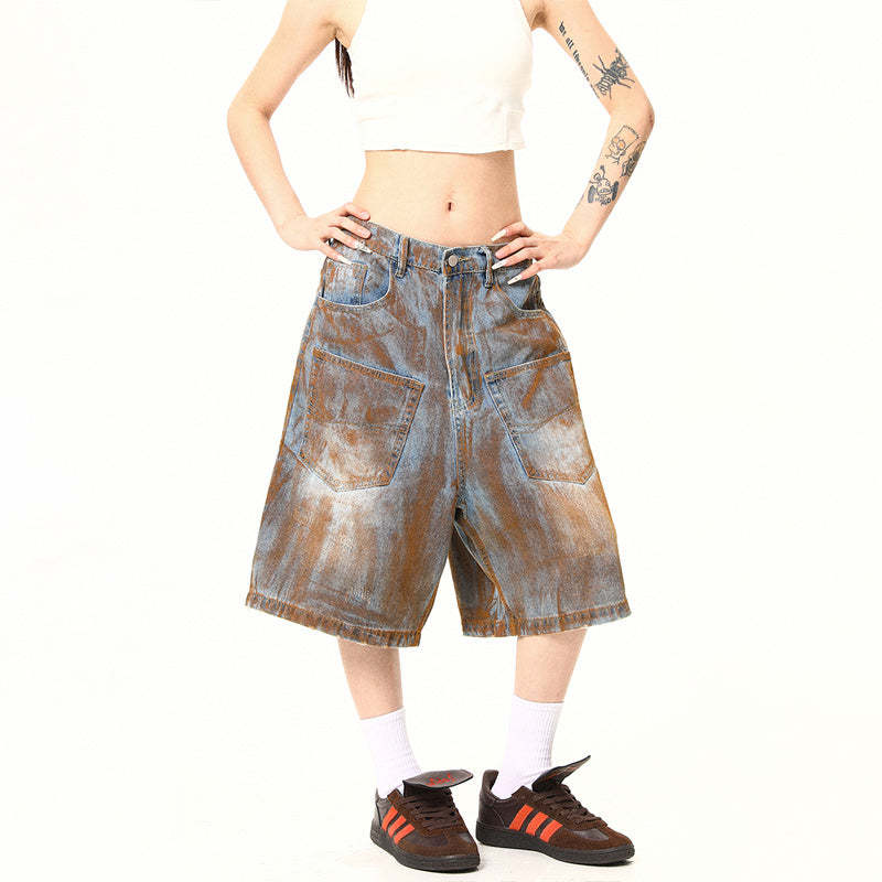 美式復古高街髒染廢土風口袋設計感牛仔短褲夏季七分褲