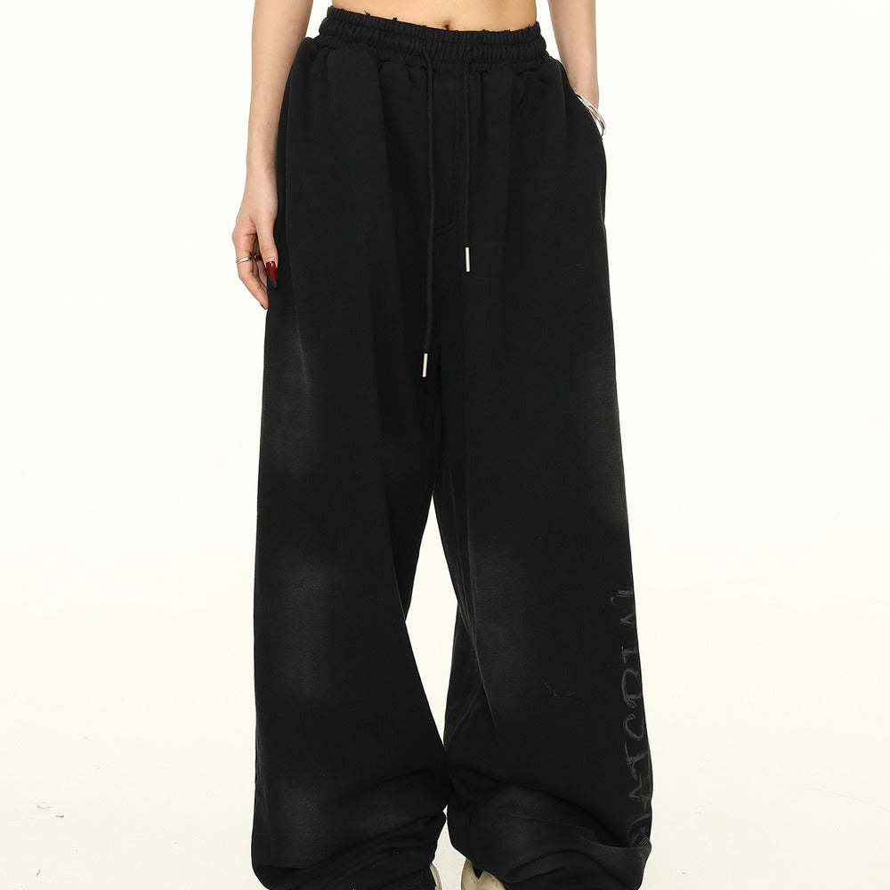 美式寬鬆闊腿衛褲女塗鴉廢土風高街褲子嘻哈長褲