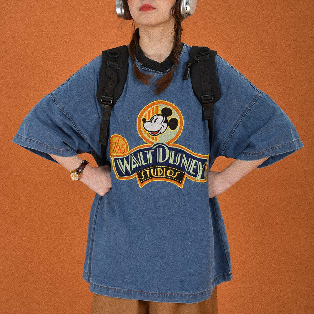 美式短袖T恤女夏季卡通童趣繡花寬鬆牛仔半袖圓領上衣
