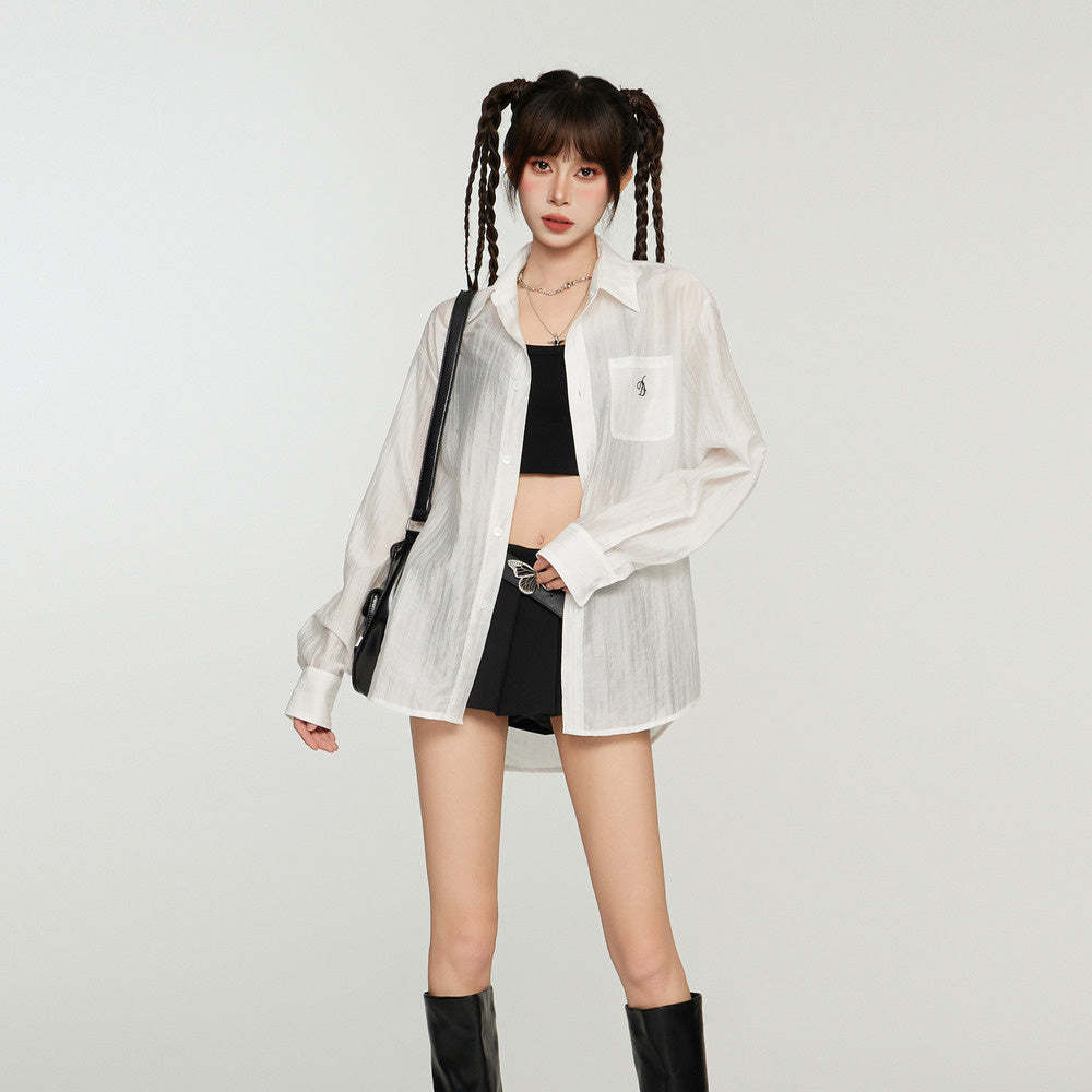 白色防曬襯衫外套女夏季薄款襯衣開衫長袖罩衫防曬衫外搭天絲上衣