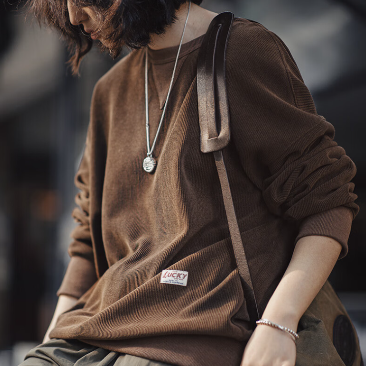 馬登女裝 美式復古雪尼爾衛衣女秋套頭長袖打底衫微落肩圓領上衣