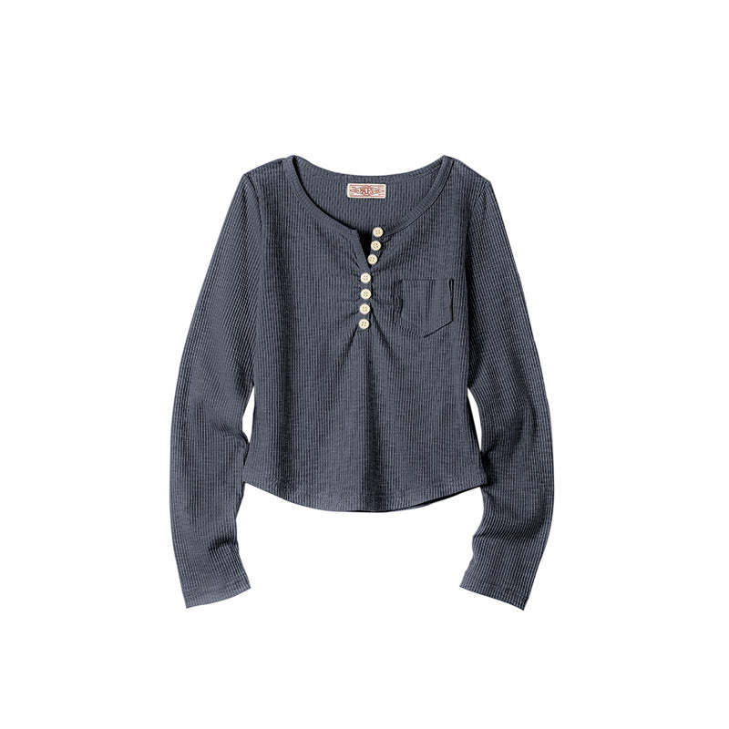 馬登女裝 美式復古bm針織長袖T恤圓弧下擺修身顯瘦短款打底亨利衫